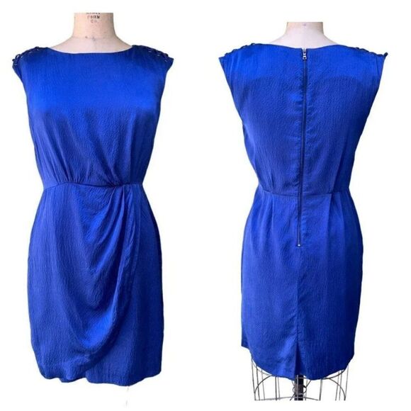 Cynthia Steffe Silk Faux Wrap Sheath Dress 12 Royal Blue Corset Sleeve Textured - Picture 1 of 11